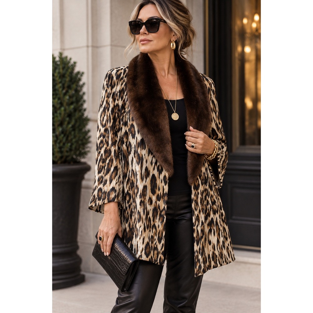 Chico's Leopard Print Faux Fur Collar Pleated Open Front Jacket Size 3 XL